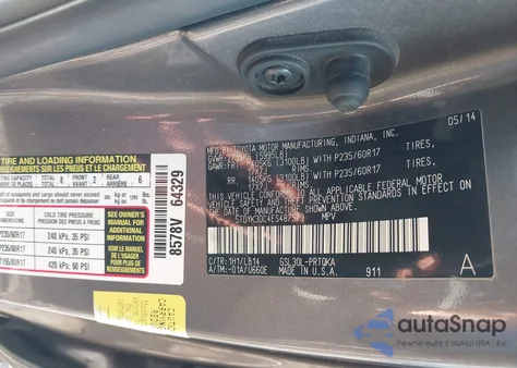 2014 Toyota Sienna Xle V6 8 Passenger z USA, uszkodzony, nr VIN 5TDYK3DC4ES487579